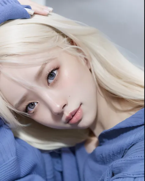 a closeup of a woman with blonde hair and a blue sweater, Kim Doyoung, Chica con el pelo blanco, Parque Roseanne de Blackpink, pale hair, extremely pale blond hair, pale porcelain white skin, con pelo largo blanco, Sun Yunjoo, su cabello blanco, con el pel...