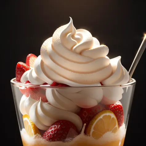 strawberry icecream sundae, photorealistic, high details, intricate, sharp focus, 8k, hd, full-hd, ultra-hd, super-resolution, m...