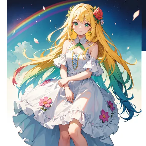 1 girl,,long blonde hair with rainbow colored hair,flower reath,wearing a white dress with rainbow ends,watercolor,green eyes