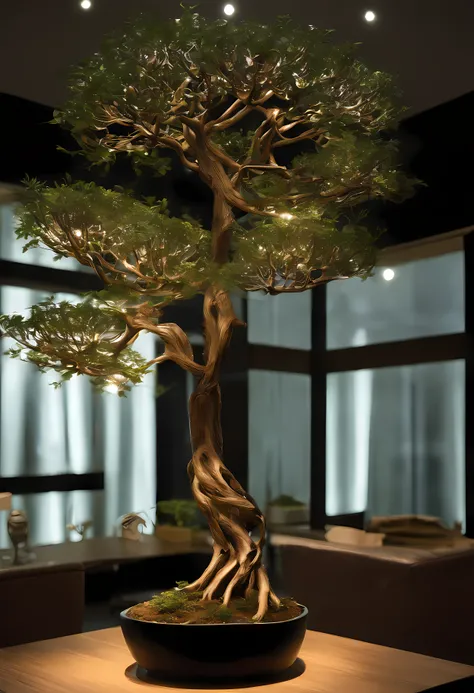 futuristic bonsai. depiction: Imagine a bonsai tree in a futuristic environment, A fusion of organic and technological elements. that tree: Depicting a miniature bonsai tree，Featuring smooth metallic branches and glowing bioluminescent leaves. saucepan: Di...