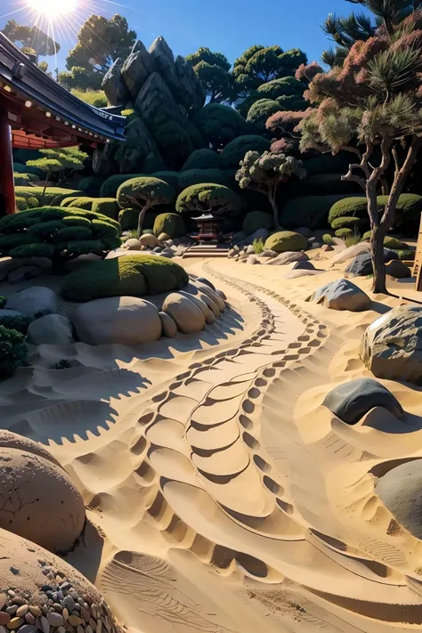 Japanese garden made of rocks and sand, garden with only rocks and sand, Karesansui, (Beautiful patterns made of sand), no plantasterpiece), (Best Quality), (Ultra high Detailes)