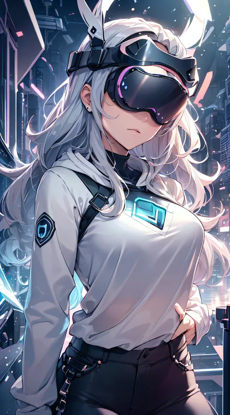 top-quality、Top image quality、​masterpiece、teens girl((Blue Hoodie、black trousers、18year old、 Ager、Best Bust、big bast,Beautiful light blue eyes, Long silver hair、A slender,Large valleys、Reflecting the whole body、Leaning forward、Attach the VR visor to your ...