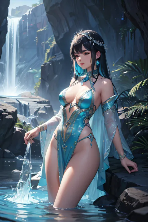 young teen girl, asian girl, water mage, sorceress, water diety, magical dress made out of water,  wearing magical jewels, controling all water around her, makes streams of water spin around her, ancient cave in background, sexi, small breasts, , highly de...