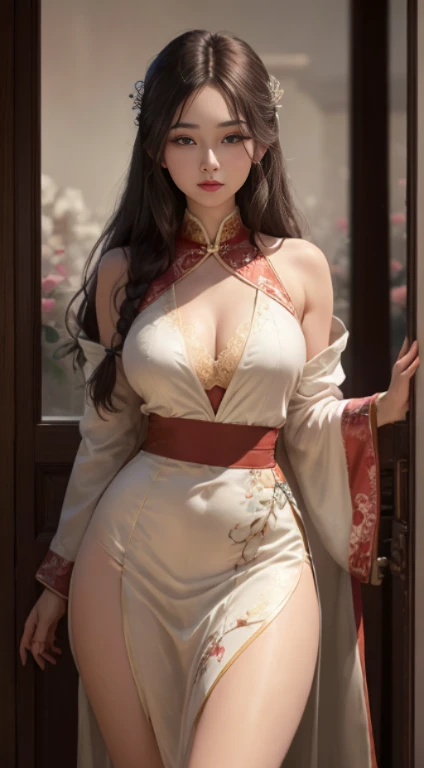 （From the outside） （shiny thin color，best qualtiy，tmasterpiece，photos realistic，intricate-detail，RAW photogr，court，Gorgeous Chinese dress with long hair in many colors，cropped shoulders，delicated face，Expose cleavage，ornamented，Standing by the window，on ch...