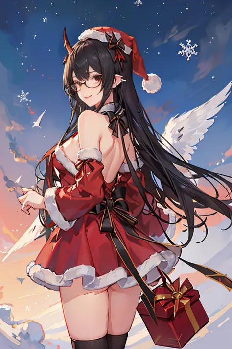 "anime girl, 1 person, black hair, shoulder length hair, red eyes, glasses, white horns, discreet, santa outfit, santa shirt, santa hat, winter outfit, big breasts, stockings,  licking lips, small black wings on back, solo, , falling snow, Christmas gift b...