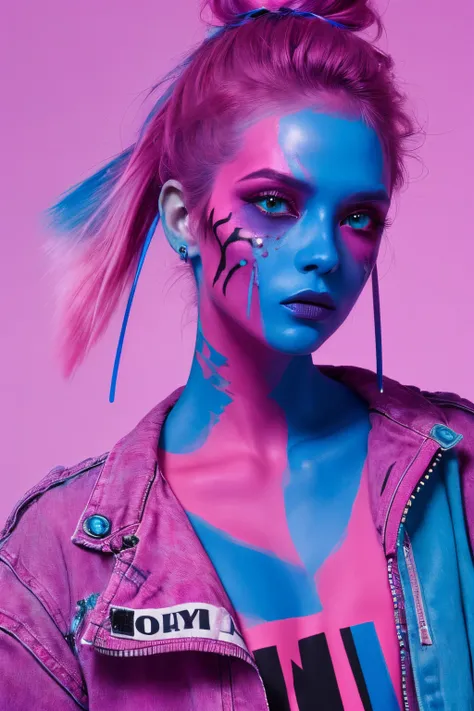 (coolcolor:1),1 sister, Internet fashion, Punk fashion, cosmetics, facepaint, Pink eyeshadow, , jaket, upper part of body,((tmasterpiece)), ((Best quality)), 8K, high detal, ultra - detailed,