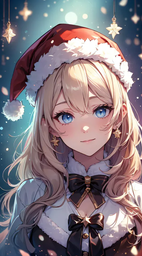 top-quality、Top image quality、​masterpiece、teens girl((Christmas、Santas Hat、18year old、 Ager、Best Bust、big bast,Beautiful wide open light blue eyerest, a blond、A slender,Large valleys、dye ones cheeks red、Reflecting the whole body、Laugh、holding a white chri...