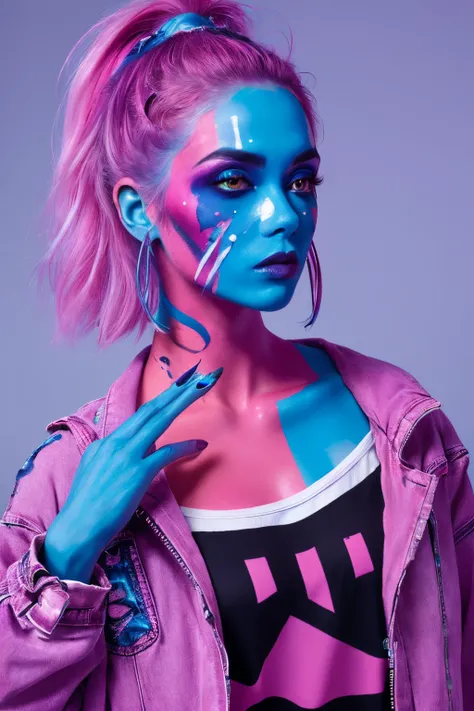 (coolcolor:1),1 sister, Internet fashion, Punk fashion, cosmetics, facepaint, Pink eyeshadow, , jaket, upper part of body,((tmasterpiece)), ((Best quality)), 8K, high detal, ultra - detailed,