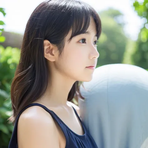 An ultra-high picture quality、Perfect Photo、japanes、japanese beauty girl、15yo student、((((profile))))、Small eyes、Slender eyes、dressing room、summer clothing、Photography Staff、Photography Studio、A dark-haired、Reverse Bob Hair、look at side、