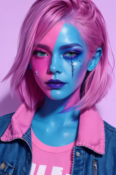 (coolcolor:1),1 sister, internet fashion, punk fashion, cosmetics, facepaint, pink eyeshadow, , jaket, upper part of the body,((...