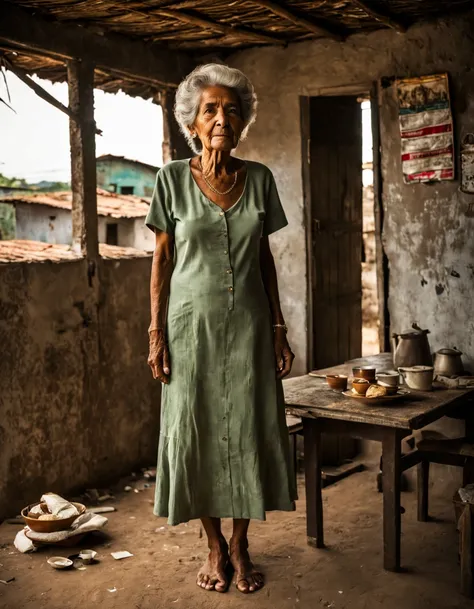 Dona Maria, a 76-year-old elderly favela resident, is depressed in her humble shack, showing off her slender and old body, the skin on her body wrinkled due to her old age. She wears simple everyday clothes, emphasizing her weather-beaten olive skin, white...