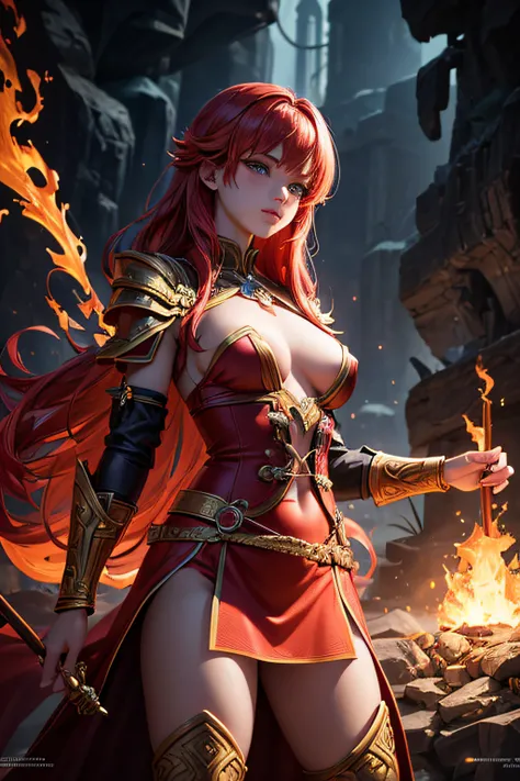 young teen girl, european girl, red hair, fire mage, sorceress, fire goddess, fire covering her body, mages dress made of flames, controling all fire around her, wielding a magic staff, makes balls of fire around her body, ancient cave in background, sexi,...