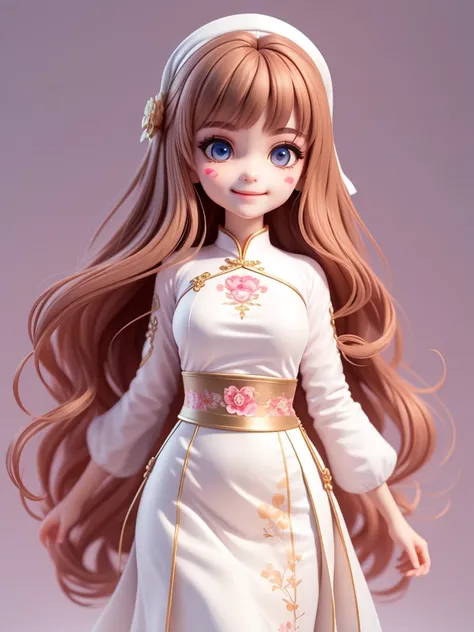 (tmasterpiece), (Best quality at best), (super detailing), (full bodyesbian: 1.2), 1 girl, tchibi, cute big breasts, ssmile, Colorless background, White traditional ao dai, Be red in the face, hair straight, long whitr hair, fuzzy, brunette color hair, Blu...