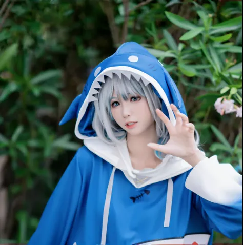 Fei  wearing a blue hoodie，It has a shark tail on it, Japanese cartoon , animemanga girl , , Cirno from the East,  photore, wearing a blue hoodie, 《interstellar fox》krystal in, professional , fleet style, A scene from the, cosplayer dressed like a crab, bl...