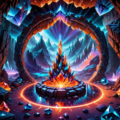 (Best quality at best, 8K, A high resolution, tmasterpiece:1.2), （ultra - detailed), (Mysterious and spectacular underground crystal cave: 1.5), (looking through the round hole: 1.5), The walls and floors are covered with countless huge ornate crystals。The...