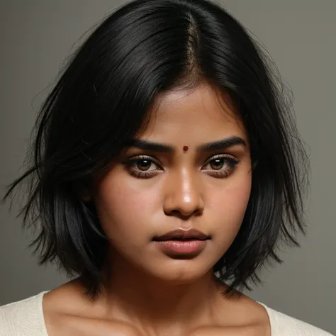 straight closeup,full face portrait ,indian girl , black wolfcut hair, grey eyes,dark skinned, chubby face, round nose, mouth closed, realistic