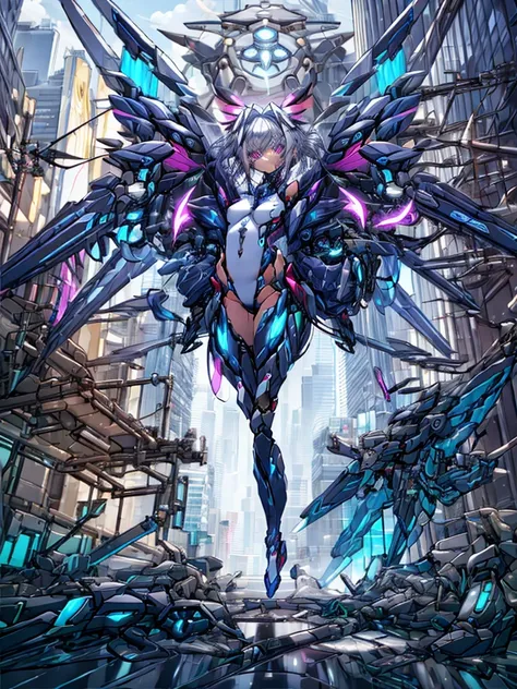 top-quality、ighly detailed、​masterpiece、ultra-detailliert、illustratio、((1girl in))、silber hair、length hair、Floating hair、、Cyber City、Neon building、(The upper part of the body:1.05)、extremely_Detailed_Eyes_And_Face,cybernetic wings mechanical wings、Random p...