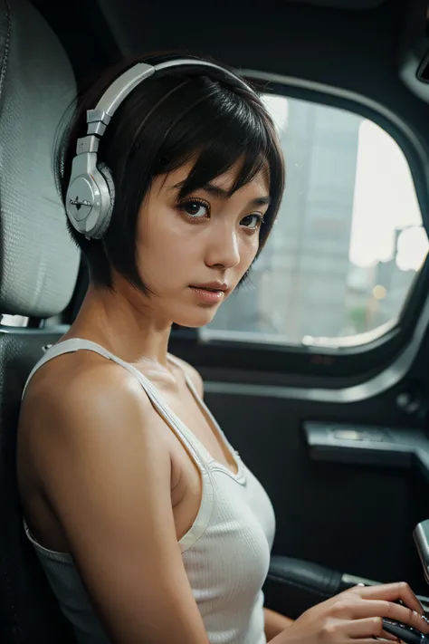 space fighters, japanaese girl, planet, head band, short cut hair, headphones with microphone