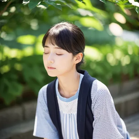 An ultra-high picture quality、Perfect Photo、japanes、japanese beauty girl、18year old、((((profile))))、Small eyes、(((closing eye)))、Slender eyes、summer clothing、Photography Staff、Photography Studio、A dark-haired、Okabo head、Layer Hair、up looking、