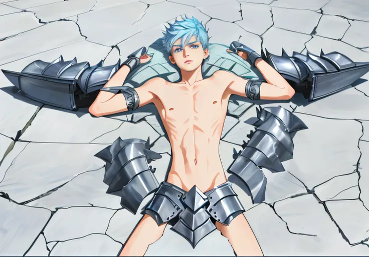 (absurdres, highres, ultra detailed, HDR), masterpiece, best quality, young man, 25 years old, light blue hair, light blue eyes, detailed face, spiky hair, medium colour skin, warrior, armour, broken armour, topless, slim body, twink, hurt, lying on ground...