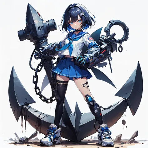 (masutepiece, Best Quality), (Perfect athlete body:1.2), (detailed hairs), Ultra-detailed, Anime style, Full body, Solo, night blue shark girl, cyberpunk sailor suit, with a huge anchor, scarred face, Black hair, blond eyes, Wearing sneakers, Standing in t...