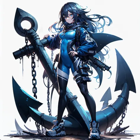 (masutepiece, Best Quality), (Perfect athlete body:1.2), (detailed hairs), Ultra-detailed, Anime style, Full body, Solo, night blue shark girl, cyberpunk sailor suit, with a huge anchor, scarred face, Black hair, blond eyes, Wearing sneakers, Standing in t...