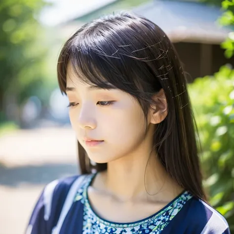 An ultra-high picture quality、Perfect Photo、japanes、japanese beauty girl、sixteen years old、((((profile))))、Small eyes、(((closing eye)))、Slender eyes、summer clothing、Photography Staff、Photography Studio、A dark-haired、Okabo head、Layer Hair、up looking、