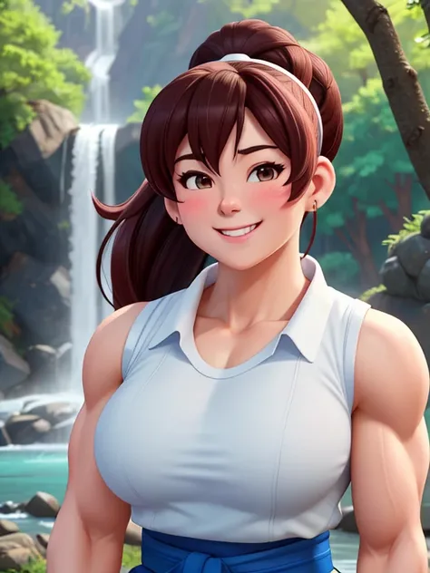 Chun li, ripped muscle, muscular body, pale skin, smile(blush), [ultra detailed skin:1.2], 8k uhd, full body, crowd, public, forest, waterfall, standing,