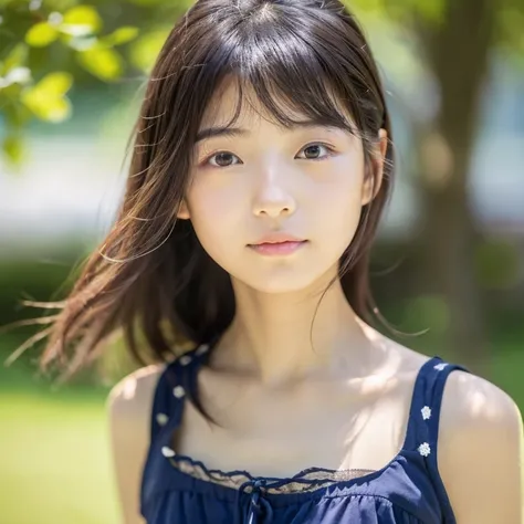 An ultra-high picture quality、Perfect Photo、japanes、japanese beauty girl、15yo student、((((profile))))、Small eyes、(((closing eye)))、Slender eyes、summer clothing、Photography Staff、Photography Studio、A dark-haired、Okabo head、Layer Hair、up looking、