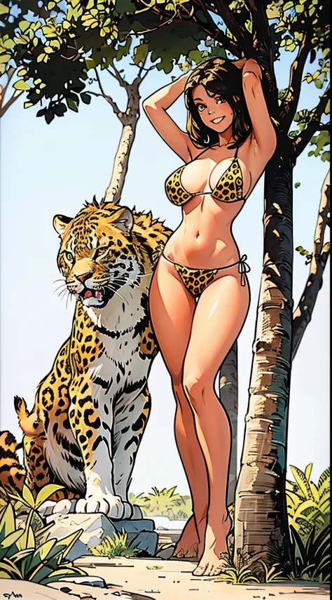 1girl, cavewoman, smile, bikini with a leopard print, full body image, masterpiece, best quality, high quality, highres, absurdr...