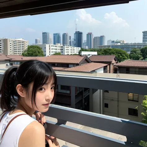 Urban building in the background,a japanese girl,A dark-haired,