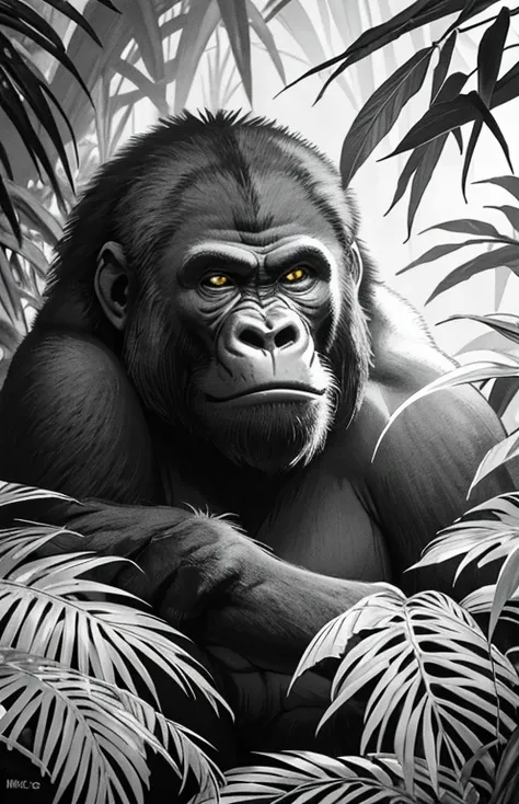 charcoal drawing,a black and white photo of a gorilla sitting in the jungle, inspired by Alex Petruk APe, king of the jungle,“portrait of a cartoon animal, mysterious jungle painting, portrait of forest, extremely high quality artwork, monochromatic airbru...