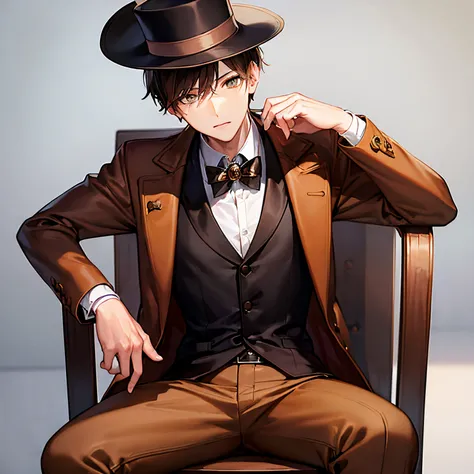 ((Young))((man)), amber eyes, brown hair, brown coat, brown pants, brown top hat, sitting on a chair, looking at the viewer, (((solo))), cowboy shot, masterpiece