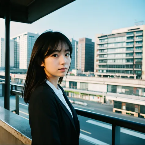 Urban building in the background,a japanese girl,A dark-haired,