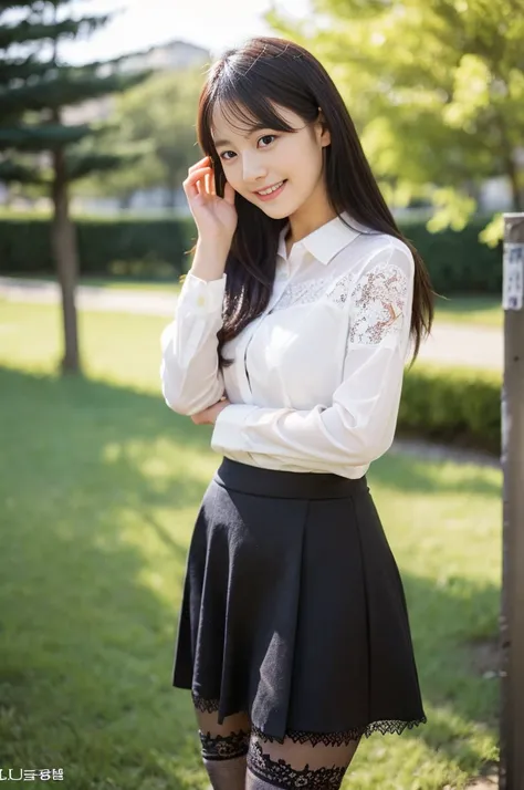 ulzzang -6500-v1.1, (Raw photo:1.2), (Photorealsitic),(Real: 1.4),  Popular actresses、(white  shirt:1.2), (black lace skirt:1.3)、(Ultra-realistic pantyhose:1.2), game_nffsw,  Ultra-realistic skin texture、shinny skin、turned around、Exposed thighs!!!、Smile of...