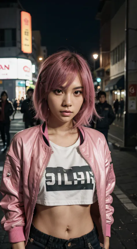 plano detalle, 20-year-old, Asian girl, asian factions, French Bob Style Hair, dyed pink hair, pink hair, ojos verdes, Looking at the camera, Retrato fotorrealista, enorme detalle, piel texturizada, piel detallada, chaqueta bomber, falda corta, estilo kpop...