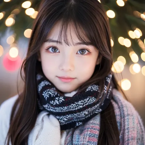 An ultra-high picture quality、Perfect Photo、japanes、japanese beauty girl、14years、((((profile))))、big-eyed、(((closing eye)))、Slender eyes、Winter clothes、Christmas Lights、A dark-haired、Layer Hair、up looking、