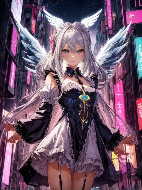 top-quality、ighly detailed、​masterpiece、((1girl in))、silber hair、length hair、Floating hair、、Cyber City、Neon building、(The upper part of the body:1.05)、extremely_Detailed_Eyes_And_Face,cybernetic wings mechanical wings、Random posture、Skyscraper、、Mechumusume...