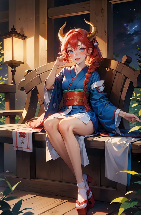 (masterpiece, best quality:1.2), (loli, 16years old), (1girl, solo), full body, kimono, blue eyes, (cherry red hair, side braid hair), normal ears, gold demon horns, (happy smile, blush:1.2), long slim legs, sitting on the wooden bench, Japanese ancient ca...