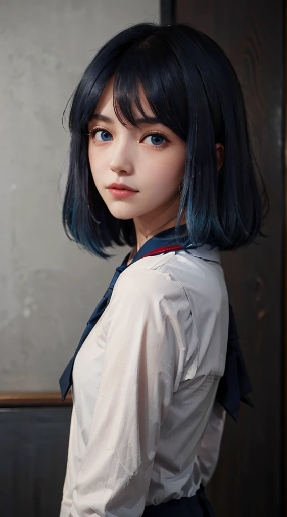 best quality, masterpiece, highres, solo, {kurokawa akane_oshinoko:1.15}, blue hair, bangs, short_hair, blush, closed_mouth, , red eyes, 1girl, holding, indoors, multicolored_hair, sailor_collar, black school_uniform, serafuku, red_neckerchief, sparkling_e...