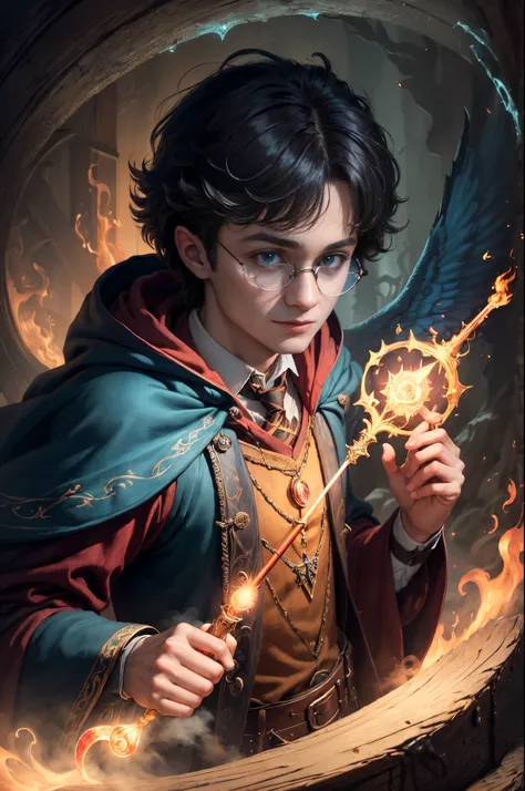 (masterpiece, best quality:1.4),(absurdres, highres, ultra detailed:1.2), (harry potter with his wooden magic wand and glasses),(using dark magic:1.4), glowing red magic, flaming light blue magic ,playful illustrations, imaginative overlays, artistic fusio...