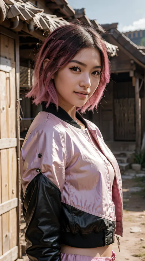 plano detalle, 20-year-old, sonrisa leve, Asian girl, asian factions, French Bob Style Hair, dyed pink hair, pink hair, ojos verdes, Looking at the camera, Retrato fotorrealista, enorme detalle, piel texturizada, piel detallada, chaqueta bomber, falda cort...