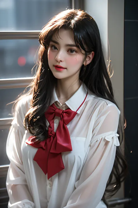 in a bathroom，wet​，Charming eyes，Heartwarming action，Turn your face away from the camera，stooped，Bend over，turn back，Look up at your head，thick long hair，Highly detailed body，Highly detailed face，best qualtiy,(Translucent white blouse),red bowtie、((The ere...