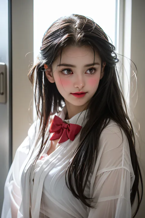 in a bathroom，wet​，Charming eyes，Heartwarming action，Turn your face away from the camera，stooped，Bend over，turn back，Look up at your head，thick long hair，Highly detailed body，Highly detailed face，best qualtiy,(Translucent white blouse),red bowtie、((The ere...