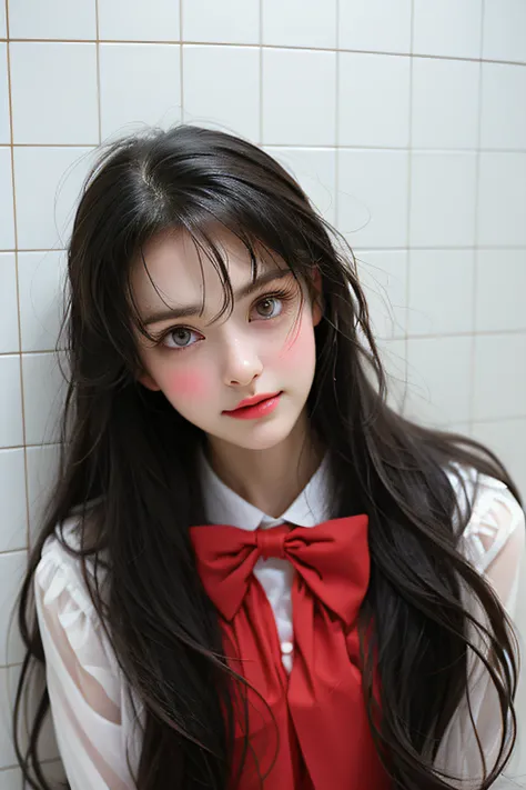 in a bathroom，wet​，Charming eyes，Heartwarming action，Turn your face away from the camera，stooped，Bend over，turn back，Look up at your head，thick long hair，Highly detailed body，Highly detailed face，best qualtiy,(White blouses),red bowtie、