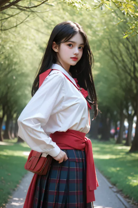 A girl walking along a row of ginkgo trees，wet​，Charming eyes，Heartwarming action，Turn your face away from the camera，stooped，Bend over，turn back，Look up at your head，thick long hair，Highly detailed body，Highly detailed face，best qualtiy,　female students、(...