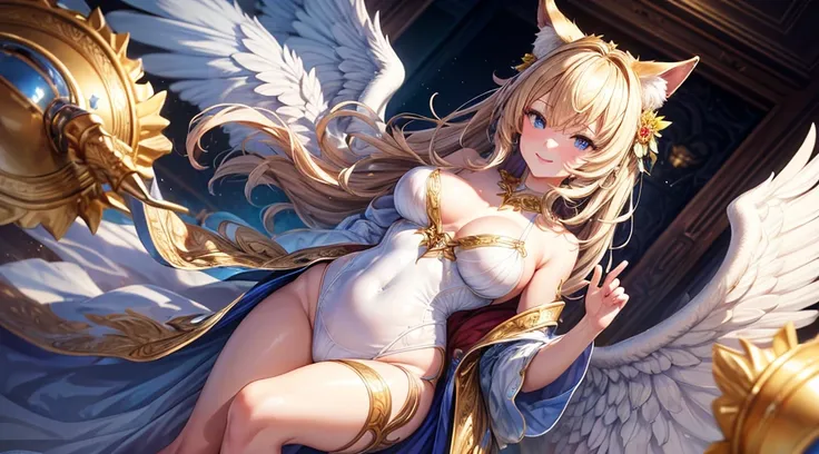 (masterpiece, best)), (1girl), (mature woman), Gold hair, open-chest seduction, flared, ( kemonomimi Angel with big wings lady), bangs, medium breasts, (full), slim, smile, [wide hips], standing, 8K picture quality, sexy seduction, (open-chest) (Sharp focu...