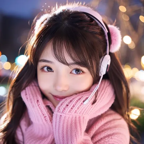 An ultra-high picture quality、Perfect Photo、japanes、japanese beauty girl、14years、((((profile))))、(((closing eye)))、Slender eyes、Winter clothes、Christmas Lights、pink earmuffs、A dark-haired、Layer Hair、look up sky、