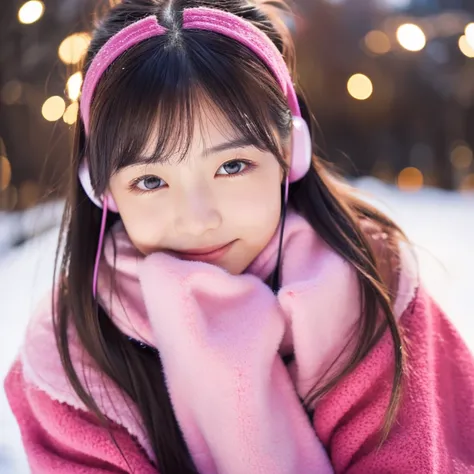 An ultra-high picture quality、Perfect Photo、japanes、japanese beauty girl、14years、((((profile))))、(((closing eye)))、Slender eyes、Winter clothes、Christmas Lights、pink earmuffs、A dark-haired、Layer Hair、look up sky、