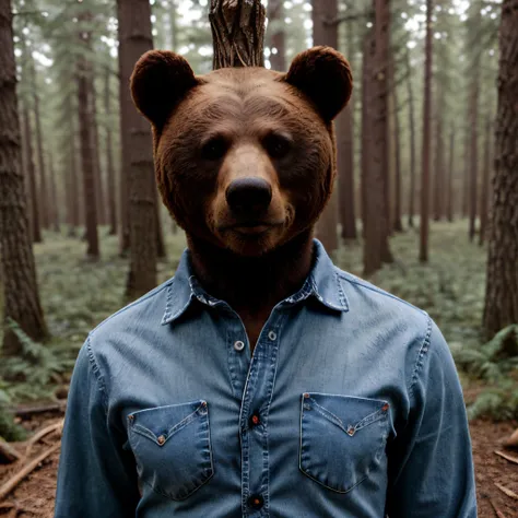 bear man jean shirt forest ax